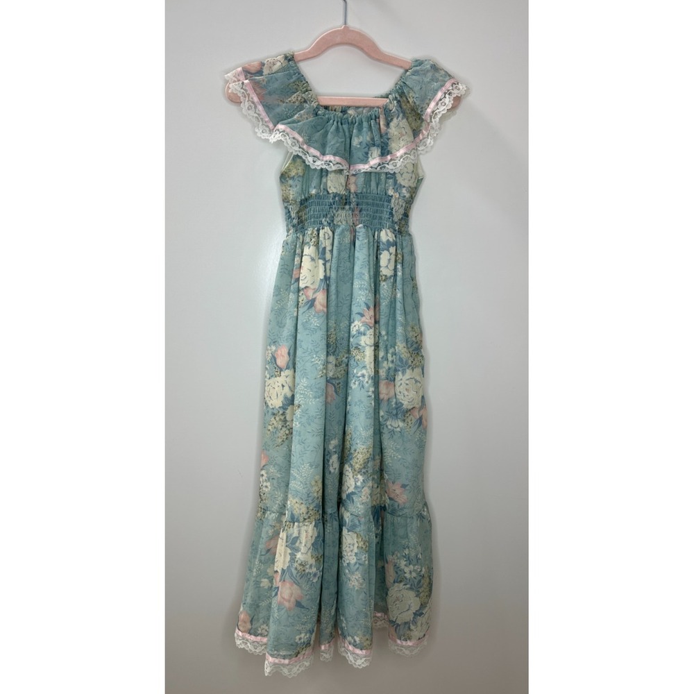Vintage Cinderella Floral Maxi Dress Lace Smocked 6X Cottagecore Prairie USA - Picture 15 of 16